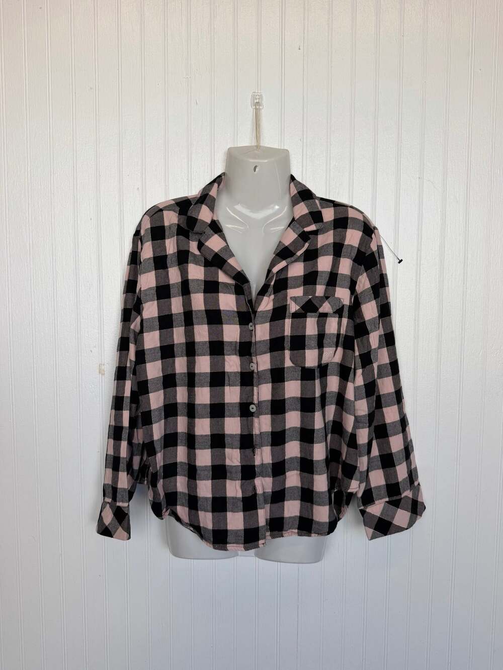 Victoria's Secret Pink Black Buffalo Plaid Flannel Pajama Top Small